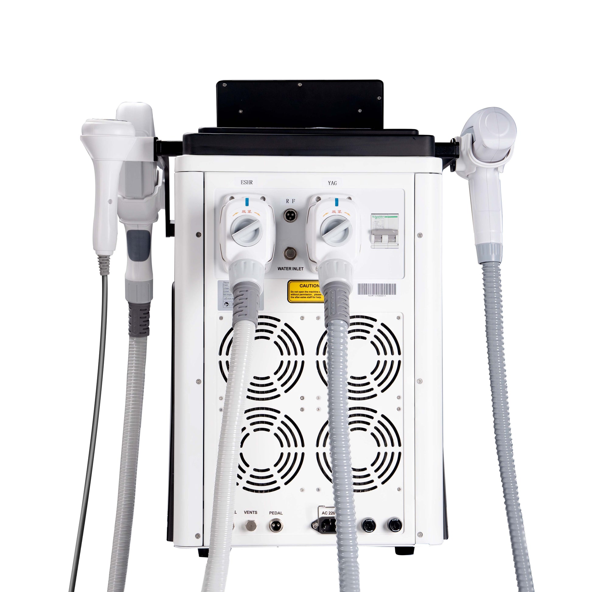 Rear view of multifunction aesthetic laser machine with ESHR, YAG and RF handpiece connections