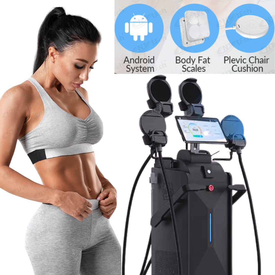 Woman looks at sculpted abdomen, REJUVASCULPT EMSlim Neo Body Contouring Machine, black