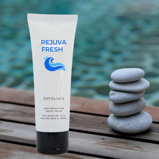 Tube of Rejuva Fresh Mint Facial Polish, Water, small rocks