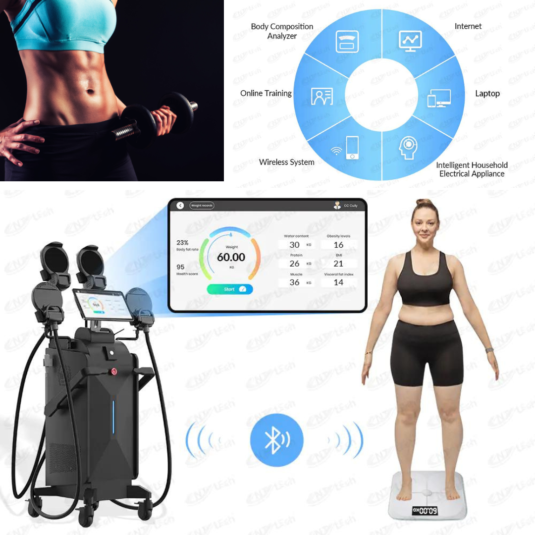 Sculpted abdomen, REJUVASCULPT EMSlim Neo Body Contouring Machine, woman stands on Fat scales