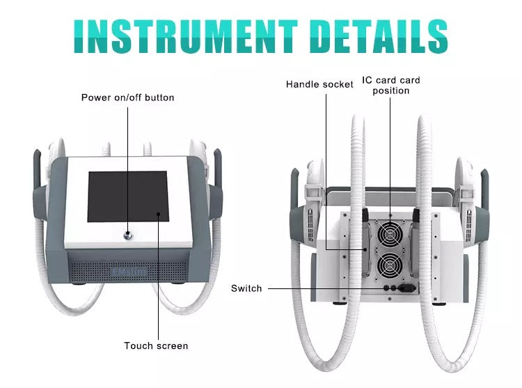 Instrument Details, front and back, emszero body sculpting machine 