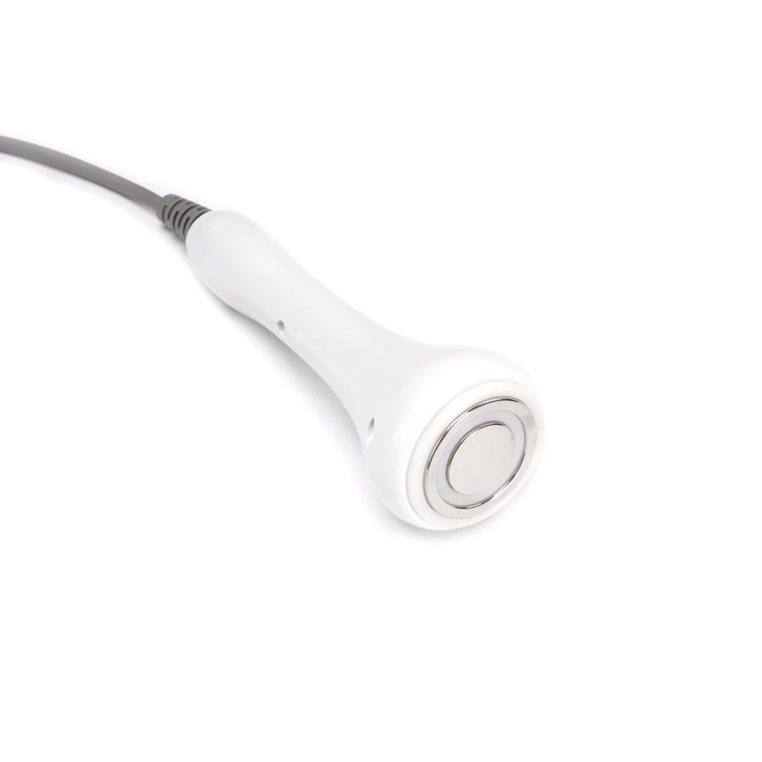 White handheld aesthetic treatment applicator with a circular metal treatment head and attached cable.