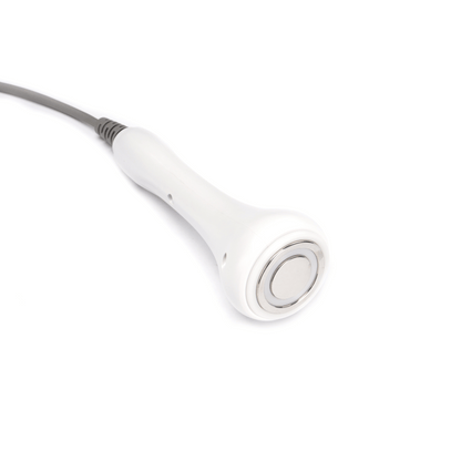 White handheld aesthetic treatment applicator with a circular metal treatment head and attached cable.