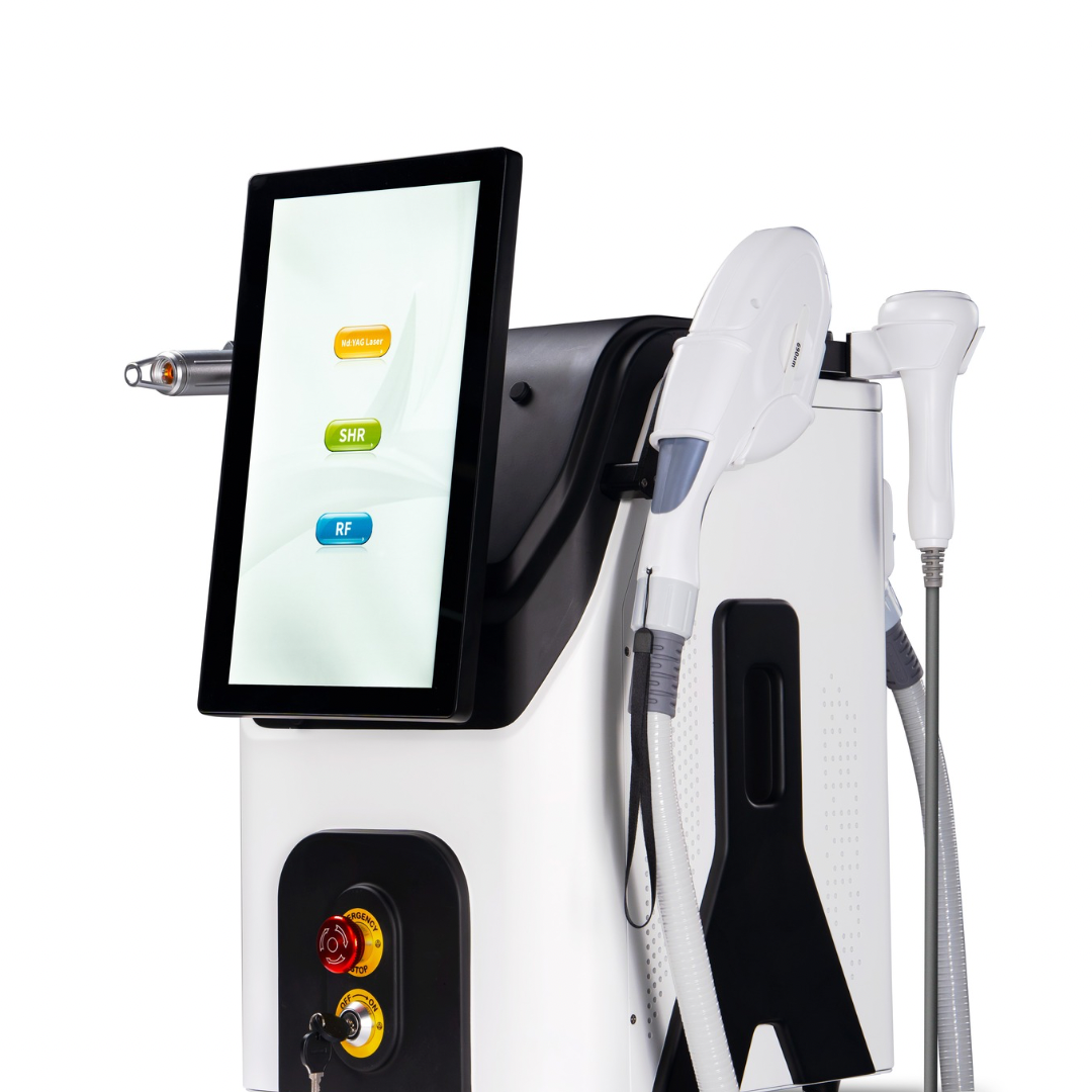 Medical device with a screen and various attachments on a white background