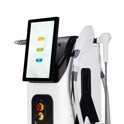 Medical device with a screen and various attachments on a white background